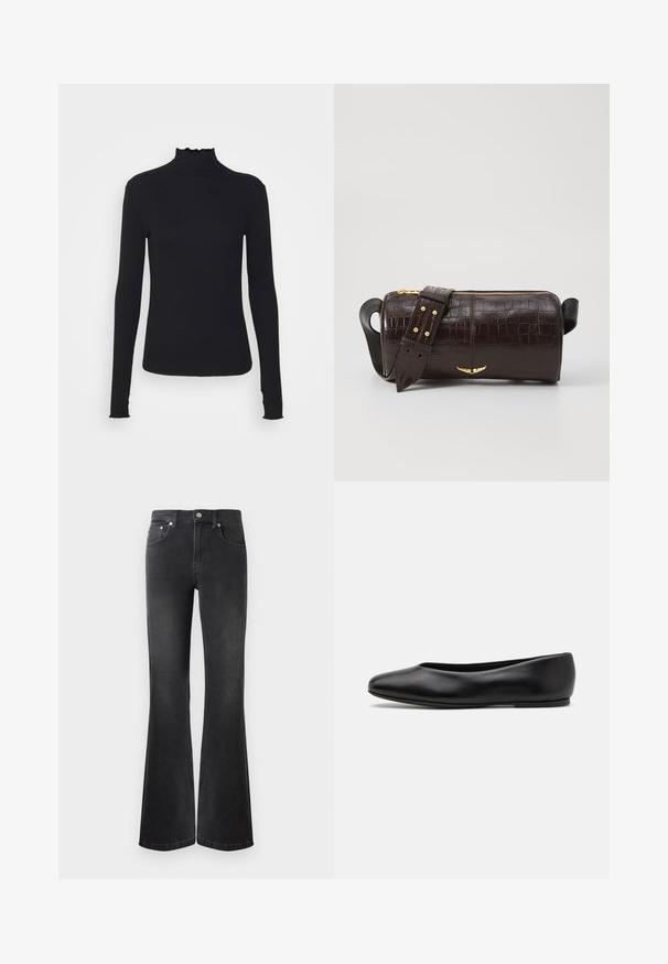 Črn dolg rokav turtleneck zgornji del iz gladkega materiala, ki se ponaša z nabranim ovratnikom in prilegajočim silhueto s preprostimi robovi.; Črne razširjene kavbojke iz denima, z visokim pasom, petimi žepi in kovinsko zaponko. Gladka tekstura z rahlim bledenjem.; Paul Smith TOPANGA - Balerinke - black; Brah blaženka iz rjavega usnja z embosiranim krokodilom, cilindrične oblike, zlatih kovinskih elementov in odstranljivim pasom, ki vsebuje žebljičke.