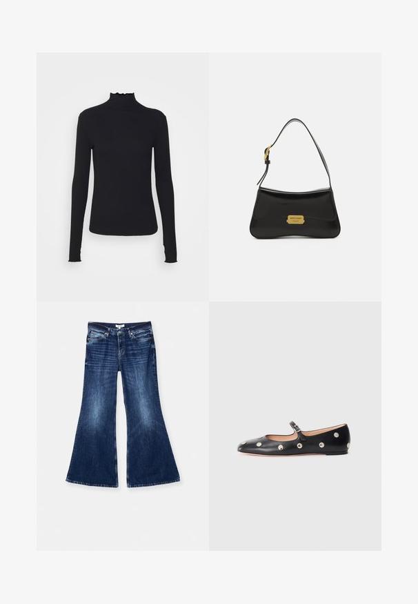 Black long-sleeve turtleneck top made of smooth fabric, featuring a ruffled neck and fitted silhouette with simple edges.; RE/DONE BAGGY FLARE - Flared Jeans - monterey fade; Black leather Mary Jane flat shoe with a rounded toe, featuring silver circular studs and an adjustable strap with a buckle.; Black leather handbag with a curved design, gold logo plate accent, and a slim shoulder strap. Smooth texture with a sleek finish.