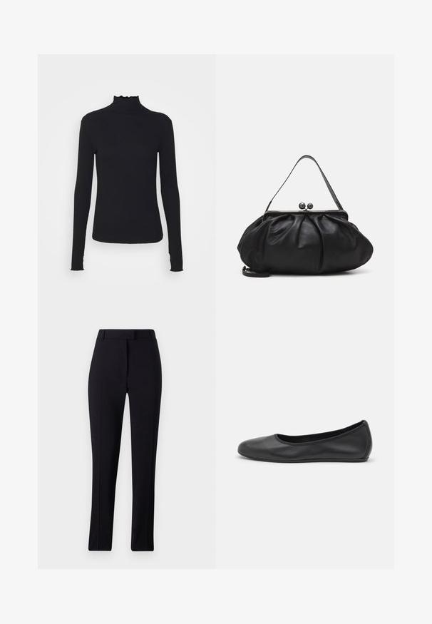 Černý dlouhý rukáv rolák vyrobený z hladkého materiálu, s volánkovým límcem a přiléhavým střihem s jednoduchými okraji.; Černé kalhoty na míru se rovnou nohavicemi, hladkou texturou a bez viditelných vzorů či ozdob.; Černé kožené baletní byty s kulatou špičkou, hladkou texturou, minimálními švy a flexibilním designem podrážky.; Černá kožená kabelka s zaobleným, skládáním designem. Obsahuje kovový zavírač se dvěma dekorativními koulemi a tenkým, odnímatelným popruhem.