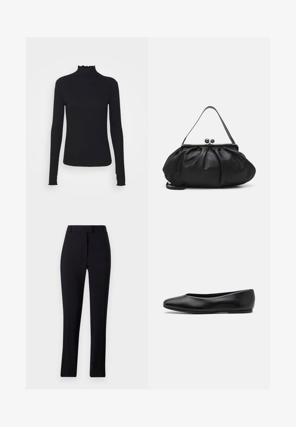 Fekete, hosszú ujjú, garbós felső sima anyagból, fodros gallérral és illeszkedő sziluettel, egyszerű élekkel.; Fekete, szabott nadrág, egyenes szárú kialakítással, sima textúrával, és látható minták vagy díszítések nélkül.; Paul Smith TOPANGA - Balerina cipők - black; Fekete bőr kézitáska lekerekített, pliszírozott dizájnnal. Fémes zárja két dekoratív golyóval és egy vékony, lecsatolható pánttal rendelkezik.