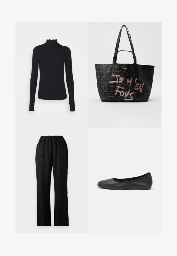 Sort langærmet turtleneck top lavet af glat stof, med en rynket krave og tætsiddende silhuet med enkle kanter.; Sorte bukser med elastisk talje i letvægtsstof, der har en struktureret design med et subtilt mønster og lige benform.; Sort læderballetsko med rund tå, glat tekstur, minimal syning og et fleksibelt såldesign.; Sort tote bag med tekstureret materiale, der har et diamantmønster, skulderremme og fed rød og hvid tekst, der står "JE M'EN FOUS."