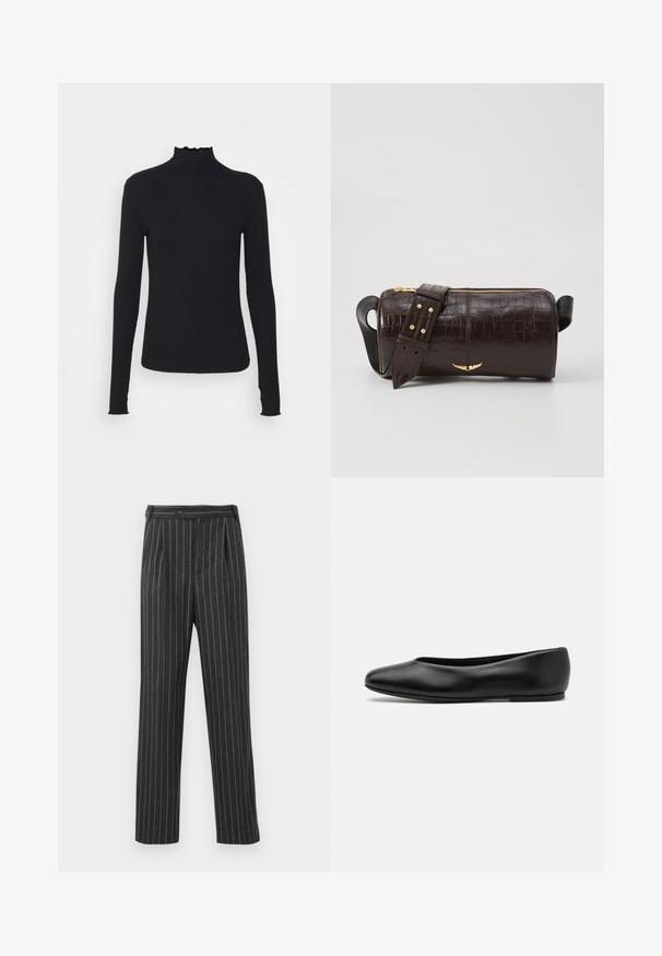 Zwarte langärmelige turtleneck top van soepel stof, met een gerimpelde hals en een aansluitende silhouet met eenvoudige randen.; Grijs gestreepte broek van geweven stof. Heeft een hoge taille, plooien aan de voorkant en een rechte pijpdesign. Standaard knoopsluiting.; Paul Smith TOPANGA - Ballerina's - black; Bruine krokodil-embosserende leren tas met een cilindervorm, gouden hardware en een afneembare schouderband met studs.