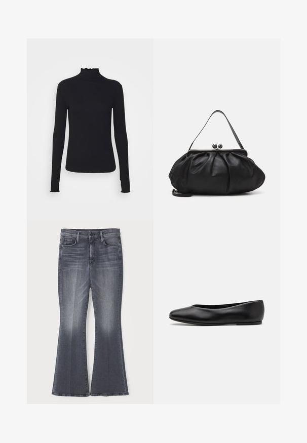 Zwarte langärmelige turtleneck top van soepel stof, met een gerimpelde hals en een aansluitende silhouet met eenvoudige randen.; Uitlopende donkergrijze denim jeans met een middelhoge taille, voorzien van een klassieke vijf-pocketstijl en subtiele slijtage op de voorkant.; Paul Smith TOPANGA - Ballerina's - black; Zwarte leren handtas met een afgerond, geplooid ontwerp. Voorzien van een metalen sluiting met twee decoratieve bollen en een smalle, afneembare schouderband.