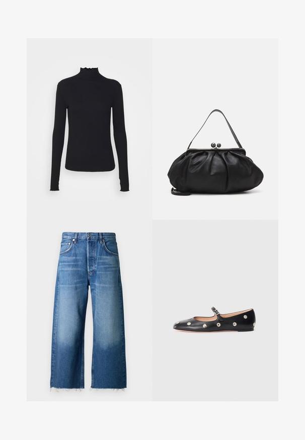 Μαύρο τοπ με μακριά μανίκια και λαιμόκοψη τύπου τσουνάμι, κατασκευασμένο από λείο ύφασμα, με λαιμό από βολάν και εφαρμοστή σιλουέτα με απλές ακμές.; Ανοιχτό μπλε τζιν παντελόνι σε φαρδιά γραμμή με ριγμένα τελειώματα, σχεδιασμένο με πέντε τσέπες και κλείσιμο με κουμπί στη μέση.; Μαύρο δερμάτινο παπούτσι Mary Jane με επίπεδη σόλα και στρογγυλή μύτη, διακοσμημένο με ασημένιες κυκλικές καρφίτσες και ρυθμιζόμενη λουρί με αγκράφα.; Μαύρη δερμάτινη τσάντα χειρός με στρογγυλή, πτυχωτή σχεδίαση. Περιλαμβάνει μεταλλικό κούμπωμα με δύο διακοσμητικές μπάλες και λεπτό, αποσπώμενο λουράκι.