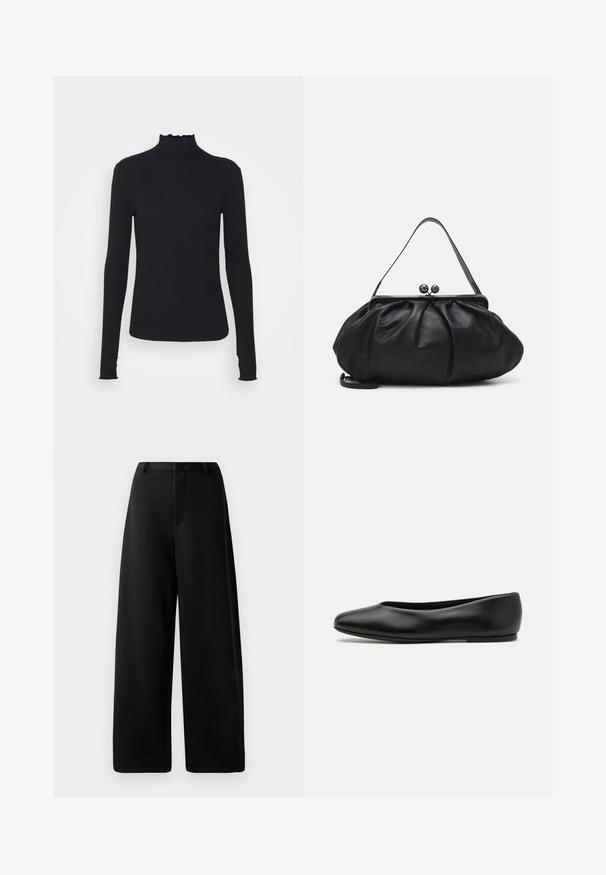 Black long-sleeve turtleneck top made of smooth fabric, featuring a ruffled neck and fitted silhouette with simple edges.; Black wide-leg trousers made of smooth fabric, featuring a flat front, belt loops, and a zip fly; no visible pockets or hardware details.; Paul Smith TOPANGA - Ballet pumps - black; Black leather handbag with a rounded, pleated design. Features a metallic clasp with two decorative balls and a slim, detachable strap.