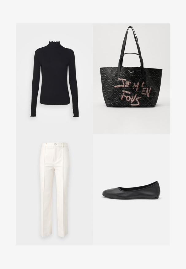 Sort langærmet turtleneck top lavet af glat stof, med en rynket krave og tætsiddende silhuet med enkle kanter.; Hvide lige ben bukser i bomuldsblanding, med en glat tekstur, to frontfolder og en talje med en enkelt knappelukning.; Sort læderballetsko med rund tå, glat tekstur, minimal syning og et fleksibelt såldesign.; Sort tote bag med tekstureret materiale, der har et diamantmønster, skulderremme og fed rød og hvid tekst, der står "JE M'EN FOUS."