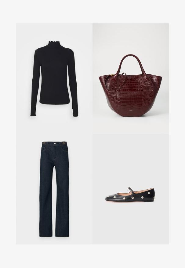 Juodas ilgomis rankovėmis turtleneko tipo viršus, pagamintas iš lygaus audinio, su raukšlėtu kaklu ir prigludusia siluetu, turinčiu paprastus kraštus.; Tamsiai mėlynos spalvos džinsinės kelnės tiesiu kirpimu, su sagų užsegimu, diržo kilpomis ir kontrastingu siuvimu. Klasikinis penkių kišenų dizainas.; Juodų odinių Mary Jane plokščių batų su apvaliu pirštu, papuoštų sidabriniais apvaliais nagais ir reguliuojamu dirželiu su sagtimi.; Tamsiai raudonas krokodilo odos įspaudas tote krepšys su dviem rankenomis, apvalia forma ir subtiliu auksinės spalvos akcentu.