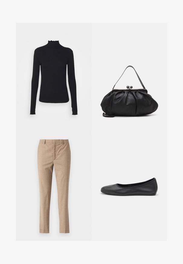 Top negro de manga larga con cuello alto, hecho de tejido suave, que presenta un cuello con volantes y una silueta ajustada con bordes simples.; Pantalones beige ajustados con una textura suave, piernas rectas y cremallera. Presentan bolsillos frontales y un sutil patrón de espiga.; Bailarina de piel negra con punta redondeada, textura suave, detalle de costura minimalista y diseño de suela flexible.; Bolso de mano de cuero negro con un diseño redondeado y plisado. Cuenta con un cierre metálico con dos bolas decorativas y una correa delgada y desmontable.