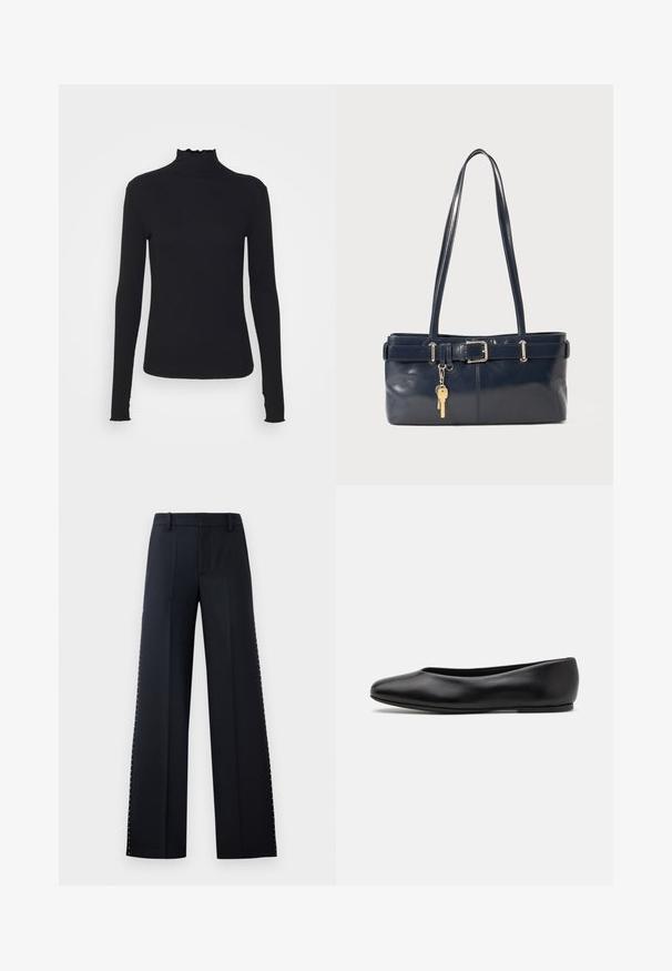 Top negro de manga larga con cuello alto, hecho de tejido suave, que presenta un cuello con volantes y una silueta ajustada con bordes simples.; Pantalones de pierna ancha en negro. Corte entallado con una textura suave. Presenta una fila de remaches metálicos a lo largo de las costuras laterales como detalle.; Paul Smith TOPANGA - Bailarinas - black; Bolso de mano de cuero navy con dos asas largas, un detalle de hebilla y un llavero adjunto. Presenta una textura suave y una forma rectangular.