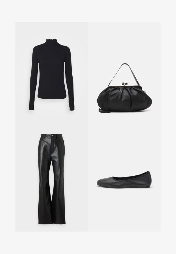 Haut à manches longues noir en col roulé, fabriqué en tissu lisse, présentant un col volanté et une silhouette ajustée avec des bords simples.; Pantalons évasés en cuir noir avec une finition soignée, poches avant et couture contrastante. Comprend une fermeture à bouton et une taille structurée.; Ballerines en cuir noir avec un bout rond, texture lisse, détails de couture minimalistes et design de semelle flexible.; Sac à main en cuir noir avec un design arrondi et plissé. Il possède un fermoir métallique avec deux boules décoratives et une bandoulière fine et amovible.