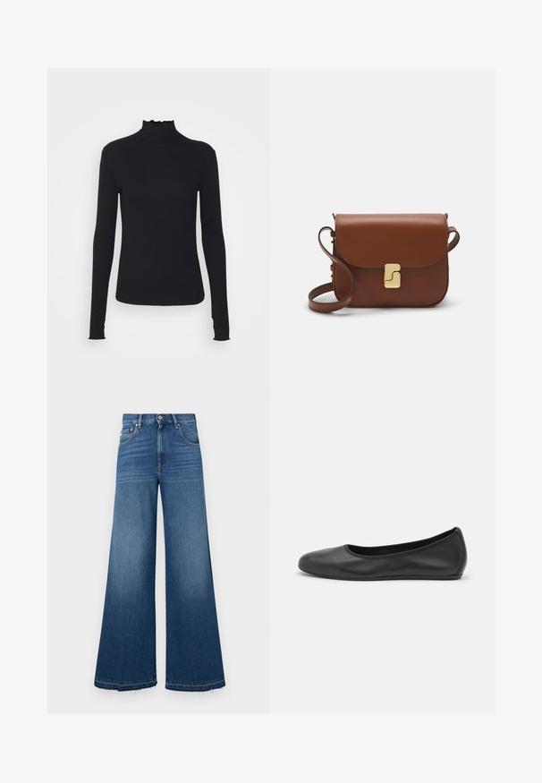 Černý dlouhý rukáv rolák vyrobený z hladkého materiálu, s volánkovým límcem a přiléhavým střihem s jednoduchými okraji.; Džínové kalhoty s širokým střihem v tmavě modré barvě, s vysokým pasem, pěti kapsami a třepícím se lemem pro uvolněný střih a casual vzhled.; Černé kožené baletní byty s kulatou špičkou, hladkou texturou, minimálními švy a flexibilním designem podrážky.; Hnědá kožená kabelka s klopou, zlatými kovovými detaily, ramenním popruhem a hladkým povrchem. Kompaktní obdélníkový tvar.