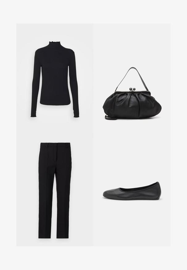 Sort langærmet turtleneck top lavet af glat stof, med en rynket krave og tætsiddende silhuet med enkle kanter.; Sorte bukser med en skræddersyet pasform, der har et lige ben-design, sidelommer og en glat stofstruktur.; Sort læderballetsko med rund tå, glat tekstur, minimal syning og et fleksibelt såldesign.; Sort læderpung med et rundt, plisseret design. Har en metalspænde med to dekorative kugler og et slankt, aftageligt rem.