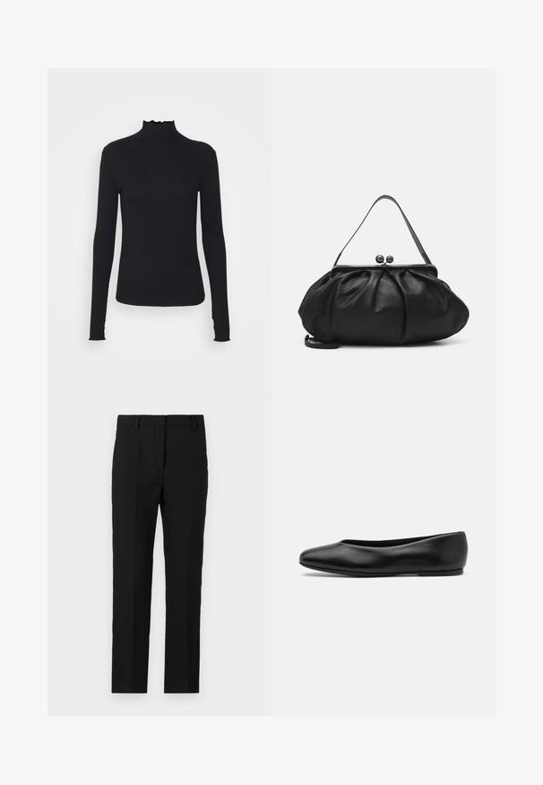 Črn dolg rokav turtleneck zgornji del iz gladkega materiala, ki se ponaša z nabranim ovratnikom in prilegajočim silhueto s preprostimi robovi.; Črne hlače s prilegajočim krojem, ki imajo naravnost krojen , stranske žepke in gladko teksturo blaga.; Paul Smith TOPANGA - Balerinke - black; Črna usnjena torbica za roke z zaobljeno, naborkano zasnovo. Opremljena je z metalnim zapiralom z dvema dekorativnima kroglicama in tankim, odstranljivim trakom.