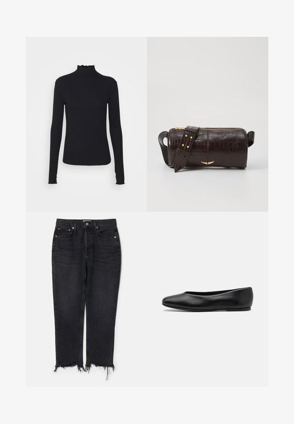 Musta pitkähihainen poolotoppi, joka on valmistettu sileästä kankaasta, jossa on röyhelökaulus ja tiukka siluetti yksinkertaisilla reunoilla.; Agolde RILEY CROP - Slim fit -farkut - hitch; Paul Smith TOPANGA - Ballerinat - black; Ruskea krokotiilinkuosilla varustettu nahkalaukku, jossa on sylinterimäinen muoto, kultasävyiset yksityiskohdat ja irrotettava hihna, jossa on niittejä.