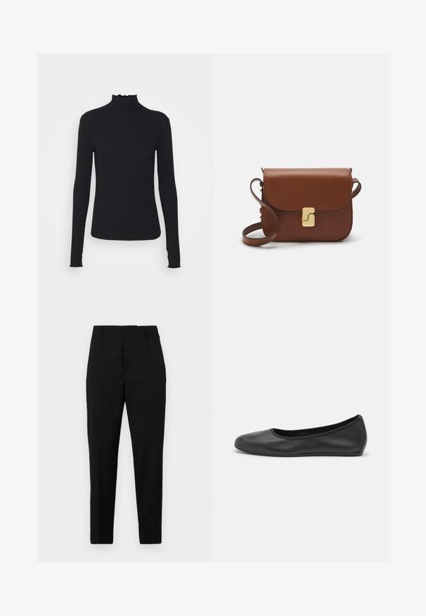 Musta pitkähihainen poolotoppi, joka on valmistettu sileästä kankaasta, jossa on röyhelökaulus ja tiukka siluetti yksinkertaisilla reunoilla.; Mustikka ja hyvin istuvat housut, joissa on sivutaskut, sileä pinta ja tyylikäs muotoilu, joka kapenee nilkkaan päin.; Musta nahkainen ballerina, jossa on pyöristetty kärki, sileä pinta, minimaalinen ommelkoristelu ja joustava pohjamuotoilu.; Ruskea nahkainen käsilaukku, jossa on läppäkiinnitys, kultasävyiset yksityiskohdat, olkahihna ja sileä pinta. Kompaktin suorakaiteen muotoinen.