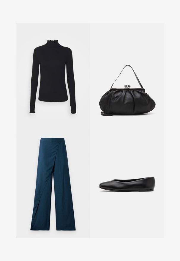 Crni dugi rukav turtleneck majica izrađena od glatkog materijala, s volanima oko vrata i uskim siluetom s jednostavnim rubovima.; Široke hlače u tamnoplavoj boji, s dizajnom omota i glatkom, teksturiranom tkaninom. Rubovi su lagano prošireni za fluidnu siluetu.; Paul Smith TOPANGA - Balerinke - black; Crna kožna torba s zaobljenim, naboranim dizajnom. Ima metalnu kopču s dva ukrasna gumba i tanki, odvojivi remen.