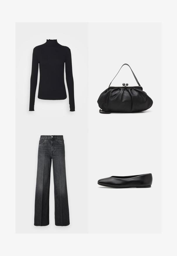 Top negro de manga larga con cuello alto, hecho de tejido suave, que presenta un cuello con volantes y una silueta ajustada con bordes simples.; Jeans de pierna ancha en denim gris oscuro, con una cintura alta, trabillas para cinturón y diseño clásico de cinco bolsillos. Desgastado sutil en la parte frontal.; Paul Smith TOPANGA - Bailarinas - black; Bolso de mano de cuero negro con un diseño redondeado y plisado. Cuenta con un cierre metálico con dos bolas decorativas y una correa delgada y desmontable.