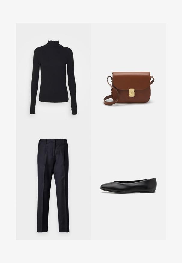 Schwarz, langärmliges Turtleneck-Oberteil aus glattem Material, mit einem gerafften Kragen und einer enganliegenden Silhouette mit einfachen Kanten.; Marineblaue, maßgeschneiderte Hosen mit glatter Textur, flachem Frontdesign, doppelten Falten und Gürtelschlaufen. Gerader Schnitt, mit umgeschlagenem Saum.; Paul Smith TOPANGA - Klassischer Ballerina - black; Braune Ledertasche mit Klappenverschluss, Beschlägen in Goldfarbe, einem Schultergurt und einer glatten Oberfläche. Kompakte rechteckige Form.