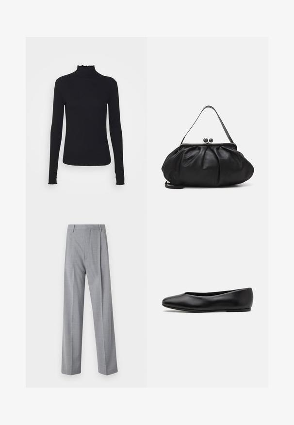 Črn dolg rokav turtleneck zgornji del iz gladkega materiala, ki se ponaša z nabranim ovratnikom in prilegajočim silhueto s preprostimi robovi.; Sive, lahke hlače z prilagojenim krojem, ki imajo gladko teksturo, subtilen vzorec in dva sprednja nabora za dodaten detajl.; Paul Smith TOPANGA - Balerinke - black; Črna usnjena torbica za roke z zaobljeno, naborkano zasnovo. Opremljena je z metalnim zapiralom z dvema dekorativnima kroglicama in tankim, odstranljivim trakom.
