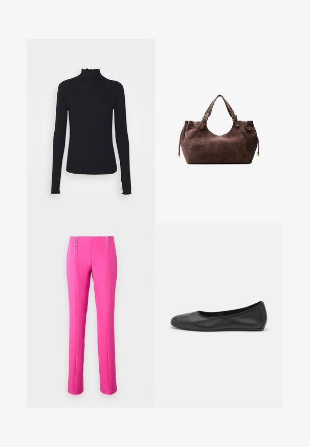 Black long-sleeve turtleneck top made of smooth fabric, featuring a ruffled neck and fitted silhouette with simple edges.; Pink fitted trousers with a smooth texture, featuring visible stitching accents and a straight leg cut.; Black leather ballet flat with a rounded toe, smooth texture, minimal stitching detail, and a flexible sole design.; Brown suede shoulder bag with a rounded shape, dual top handles, drawstring closure, and gold-tone hardware accents.