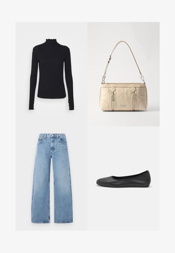 Črn dolg rokav turtleneck zgornji del iz gladkega materiala, ki se ponaša z nabranim ovratnikom in prilegajočim silhueto s preprostimi robovi.; Svijetloplave široke traperice s visokim strukom, pet džepova i kontrastnim šavovima. Nema vidljivih oštećenja ili ukrasa.; Črne usnjene balerinke z zaobljenim nosom, gladko teksturo, minimalnimi šivi in fleksibilno zasnovo podplata.; Bežna usnjena torbica z argentinsko kovino, dvema stranskima zadrgama, strukturirano zasnovo in snemnim trakom za vsestranskost.