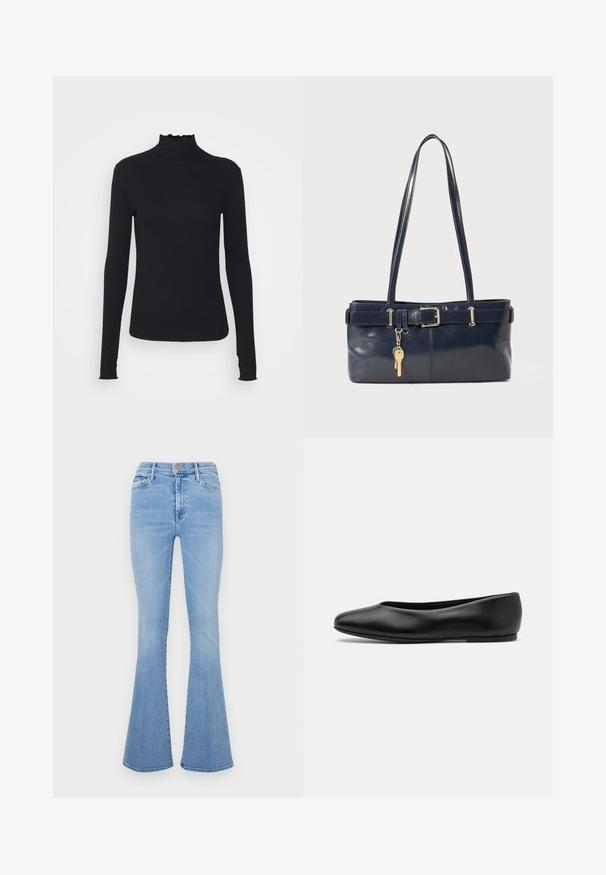 Top preto de manga longa com gola alta, feito de um tecido suave, apresentando uma gola fruncida e uma silhueta ajustada com bordas simples.; Jeans azul claro, com modelo flare e cintura alta, confeccionados em tecido de denim, apresentando bolsos frontais e uma textura levemente desgastada.; Paul Smith TOPANGA - Sabrinas - black; Bolsa de couro azul-marinho com duas alças longas, um detalhe de fivela e um porta-chaves anexado. Apresenta uma textura suave e uma forma retangular.