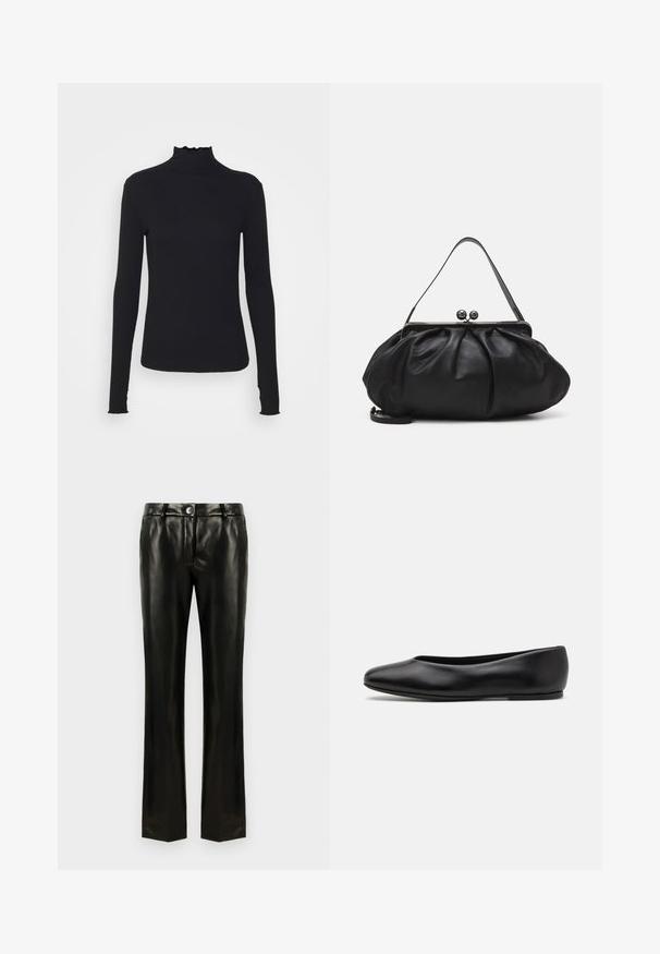 Black long-sleeve turtleneck top made of smooth fabric, featuring a ruffled neck and fitted silhouette with simple edges.; Black faux leather straight-leg pants with button and zipper closure, belt loops, and side pockets, displayed against a white background.; Paul Smith TOPANGA - Ballet pumps - black; Black leather handbag with a rounded, pleated design. Features a metallic clasp with two decorative balls and a slim, detachable strap.