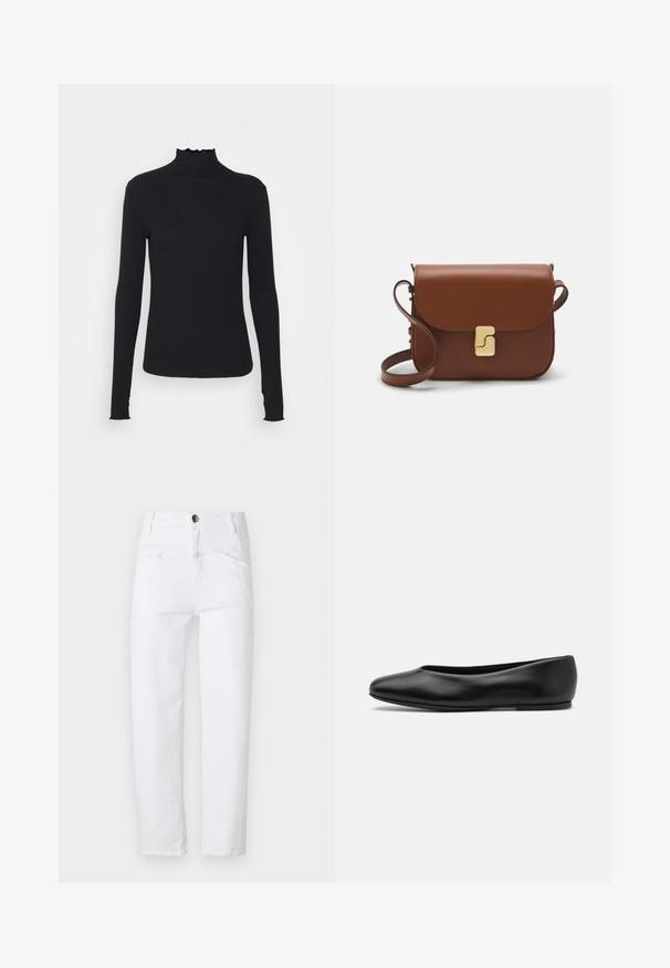 Maglione nero a maniche lunghe con colletto a dolcevita realizzato in tessuto morbido, caratterizzato da un collo arricciato e una silhouette aderente con bordi semplici.; Jeans in denim bianco con vita alta, taglio dritto, due tasche frontali e una tasca posteriore. Presenta un bottone metallico e una cerniera.; Paul Smith TOPANGA - Ballerine - black; Borsa a tracolla in pelle marrone con chiusura a pattina, hardware color oro, tracolla e una finitura liscia. Forma rettangolare compatta.