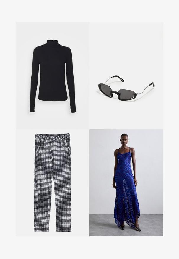 Black long-sleeve turtleneck top made of smooth fabric, featuring a ruffled neck and fitted silhouette with simple edges.; Trousers in a houndstooth pattern, featuring a blend of black, white, and gray. Designed with a fitted silhouette and front pockets.; Blue and purple animal print maxi dress with thin straps, a fitted bodice, flared hem, and sheer overlay detailing.; Black sunglasses with a unique shield shape, featuring dark lenses and thin silver metal arms. The frames have rounded accents and a bold design.
