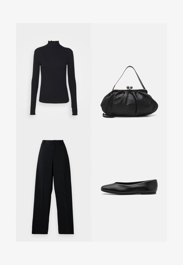 Black long-sleeve turtleneck top made of smooth fabric, featuring a ruffled neck and fitted silhouette with simple edges.; Black high-waist wide-leg trousers with button and zip fastening, belt loops, and a clean, smooth fabric finish.; Paul Smith TOPANGA - Ballet pumps - black; Black leather handbag with a rounded, pleated design. Features a metallic clasp with two decorative balls and a slim, detachable strap.