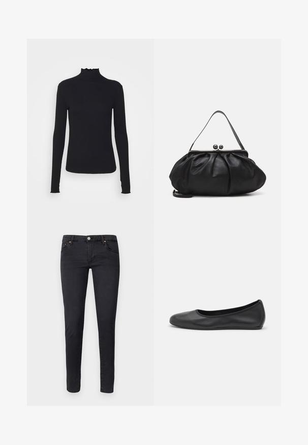 Top negro de manga larga con cuello alto, hecho de tejido suave, que presenta un cuello con volantes y una silueta ajustada con bordes simples.; AG Jeans Vaqueros pitillo - anthracite black; Bailarina de piel negra con punta redondeada, textura suave, detalle de costura minimalista y diseño de suela flexible.; Bolso de mano de cuero negro con un diseño redondeado y plisado. Cuenta con un cierre metálico con dos bolas decorativas y una correa delgada y desmontable.