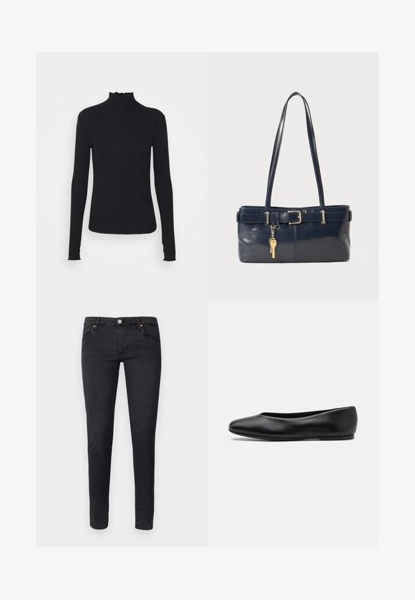 Crni dugi rukav turtleneck majica izrađena od glatkog materijala, s volanima oko vrata i uskim siluetom s jednostavnim rubovima.; AG Jeans Uske traperice - anthracite black; Paul Smith TOPANGA - Balerinke - black; Morska kožna torbica s dva duga ramena, detaljem kopče i privjeskom za ključeve. Ima glatku teksturu i pravokutni oblik.