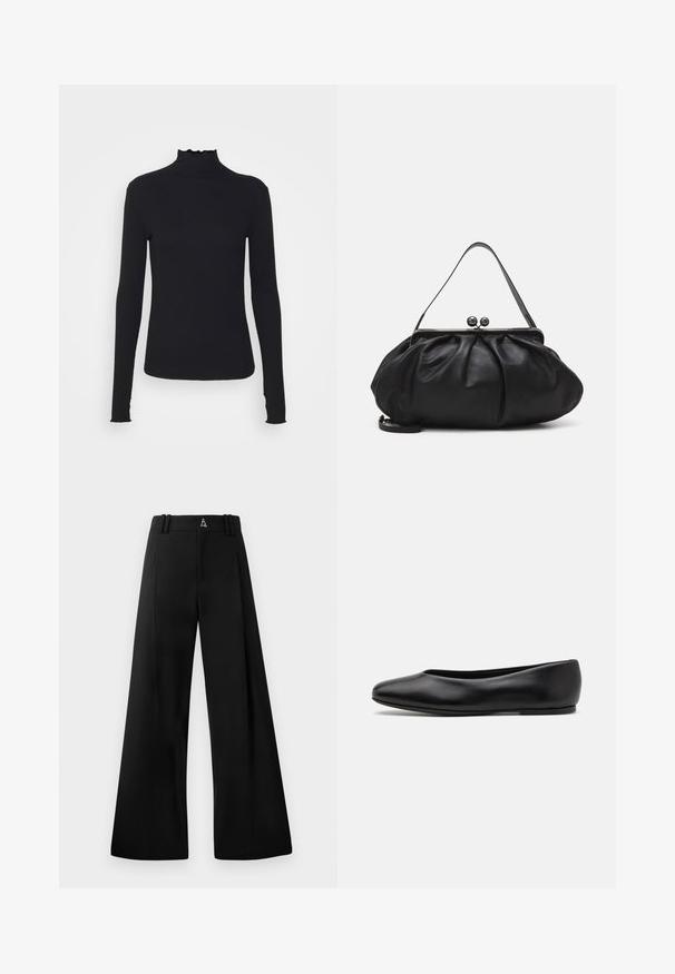 Czarny, długi rękaw, golf z gładkiego materiału, z falbaniastym kołnierzem i dopasowanym krojem z prostymi brzegami.; Czarne spodnie o szerokich nogawkach, wykonane z gładkiego materiału, z wysokim stanem, plisami i logo z tyłu. Czysty, dopasowany krój bez wzorów.; Paul Smith TOPANGA czarny; Czarna skórzana torebka o zaokrąglonym, plisowanym wzorze. Posiada metalowy zamek z dwoma dekoracyjnymi kulkami oraz smukły, odpinany pasek.