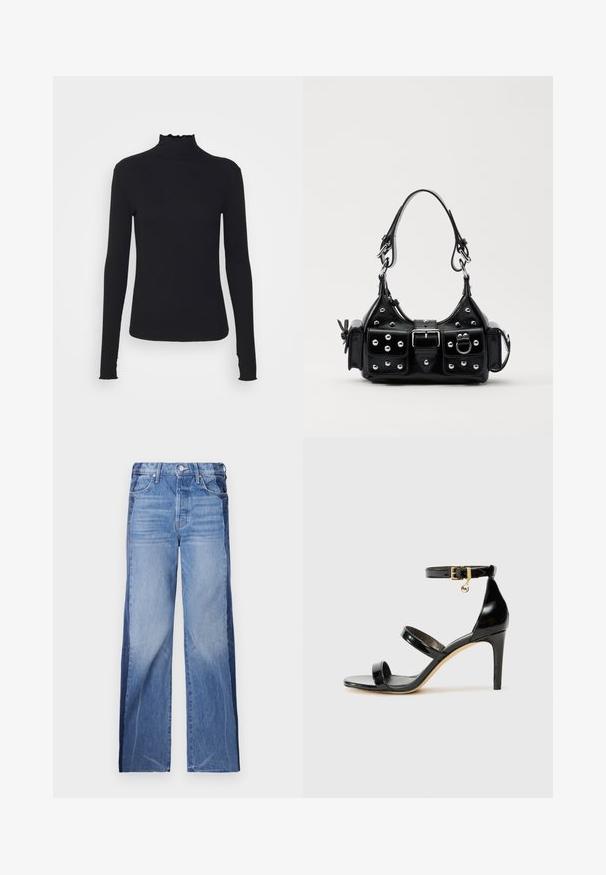 Must kannus varrukatega turtleneck, mis on valmistatud siledast kangast, koos rippuvate kraede ja liibuva siluetiga, millel on lihtsad servad.; Teksased, millel on lai jalgade disain, kahetoone sinine kangas erinevate värviliste osadega, keskmise kõrgusega vöökoht ja standardne viie tasku stiil.; Must musta nahk sandaal kolme rihmaga, pahkluu vööga ja 4-tollise stilettakontsaga. Omab kuldset detaili ja logovõtit.; Must värvi nahast käekott, millel on kaarjas disain, hõbedased nupukesed, kinnitusahe ja kaks külgtaskut. Reguleeritav rihm erinevate kandmisvõimaluste jaoks.
