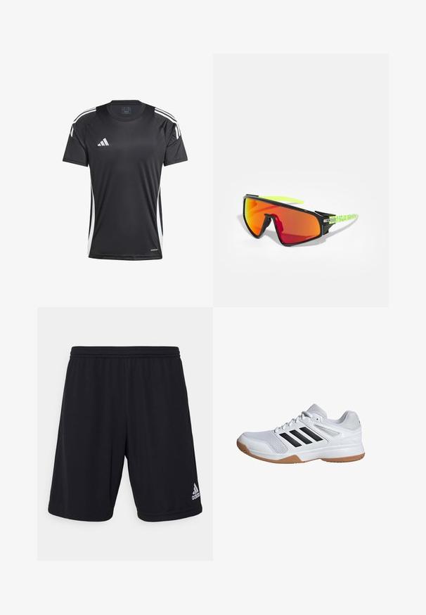 Čierne športové tričko s krátkymi rukávmi, s bielymi pruhmi na stranách a logom Adidas. Vyrobené z hladkého, materiálu, ktorý odvádza vlhkosť.; Čierne športové šortky vyrobené z ľahkej, priedušnej tkaniny. Majú elastický pás a strieborné logo Adidas na dolnej pravej strane.; Biele športové tenisky s čiernymi pruhmi, sieťovinový zvršok, čalúnená podošva a gumová podrážka. Navrhnuté pre pohodlie a podporu pri športe.; Športové slnečné okuliare s čiernym rámom, preháňajúco veľkými šošovkami s oranžovým zafarbením a charakteristickými zelenými vzorovanými spolkami. Ľahká konštrukcia pre vonkajšie použitie.
