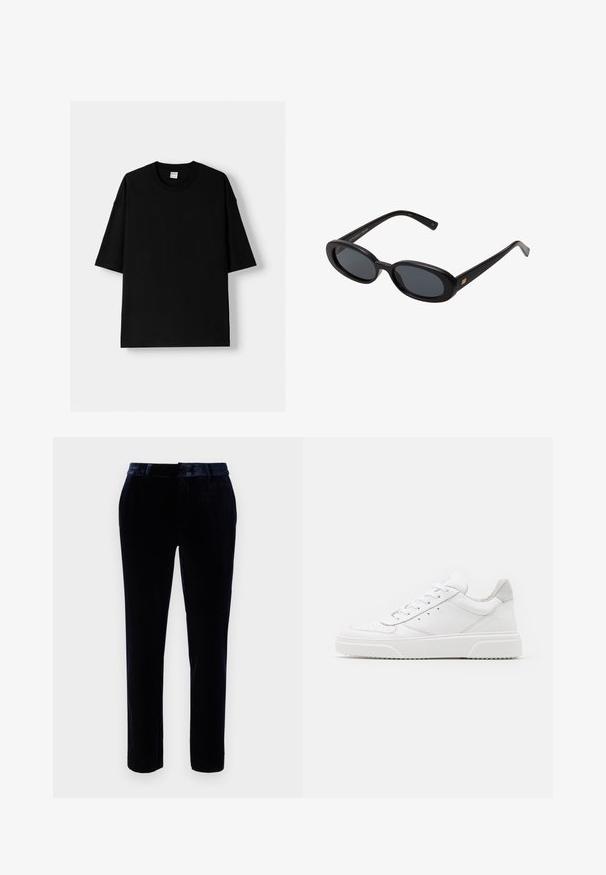 Musta puuvillapaita, jossa on lyhyet hihat, pyöreä kaula-aukko ja rento istuvuus. Sujuva pinta ja minimalistinen muotoilu, ei kuvioita tai korostuksia.; Tummansinisiä samettihousuja, joissa on tasainen etuosa, vyölenkit ja kapea malli. Sujuva rakenne ja hienovarainen kiilto parantavat ulkonäköä.; Valkoiset nahkakengät, joissa on sileä pinta, pyöreä kärki, litteät nauhat ja teksturoitu pohja. Harmaa mokkanahka korostaa kantapäätä.; Mustat ylisuuruiset aurinkolasit, jotka ovat soikeat linssit, sileä muovikehys ja kultaiset korostukset temppeleissä. Tummat linssit tarjoavat suojaa auringolta.