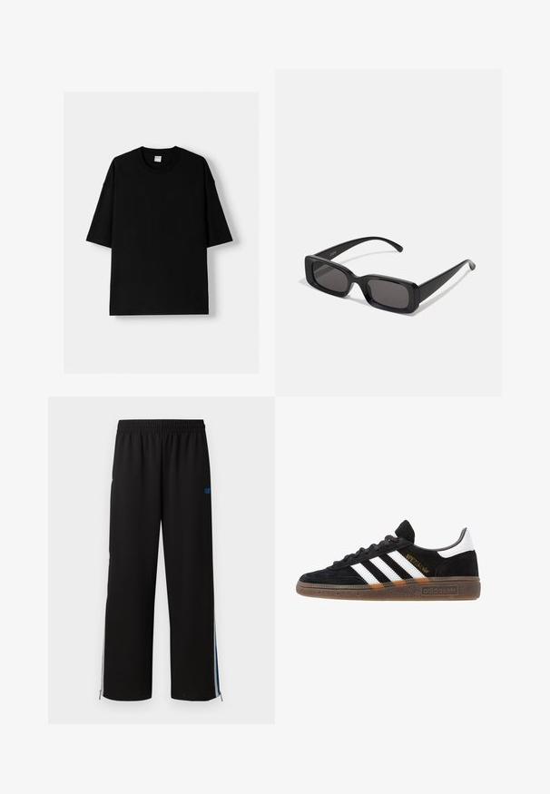 Črna bombažna majica s kratkimi rokavi, okroglim izrezom in sproščenim krojem. Gladka tekstura in minimalistična zasnova, brez vzorcev ali dodatkov.; Črne trenirke z elastičnim pasom, stranskimi zadrgami in modrimi poudarki na zunanjih šivih. Gladek material s ravnim krojem.; Črne Adidas superge z belimi črtami, zlatim napisom "Spezial", gumo podplatom in belim petnim delom, prikazane v stranskem pogledu.; Črne pravokotne sončna očala z temnimi lečami, sijajna površina, široka ročaja in masiven okvir. Vgravirano ime blagovne znamke na eni ročaji.