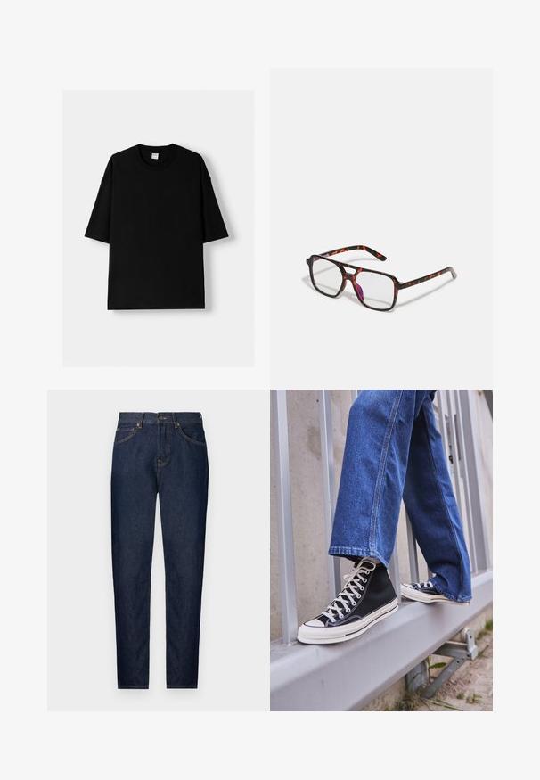 Černé bavlněné tričko s krátkým rukávem, kulatým výstřihem a volným střihem. Hladký povrch a minimalistický design, bez vzorů nebo akcentů.; Tmavě modré denimové džíny s úzkým střihem, které mají pět kapes, zipový přední zapínání a kontrastní zlaté švy. Hladká textura s klasickým designem.; Černé vysoké tenisky s bílou podrážkou a tkaničkami, v kombinaci s volnými modrými džíny, odpočívající na šedém zábradlí.; Brýlové obruby s želvovinovým vzorem a obdélníkovými čočkami, černé a oranžové rámy, s lesklým povrchem a štíhlými nožičkami.