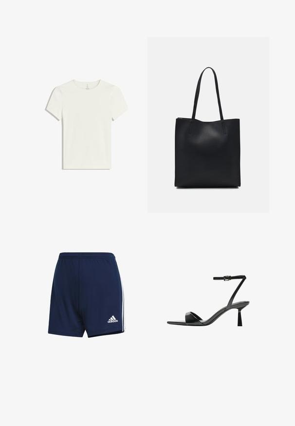 Witte t-shirt met korte mouwen, gemaakt van zachte, lichte stof. Heeft een ronde halslijn en een eenvoudig ontwerp zonder patronen of accenten.; adidas Performance SQUAD 21 SHO W - Korte broeken - team navy blue/white; Bershka Sandalen met hoge hak - black; Zwarte leren handtas met een gladde textuur, rechthoekige vorm en twee lange handvaten. Geen zichtbare hardware of versieringen.