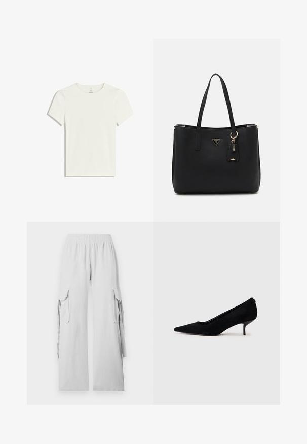 Hvid kortærmet t-shirt lavet af blødt, letvægtsstof. Har en rund halsudskæring og et enkelt design uden mønstre eller accenter.; Lys grå cargo bukser med elastisk talje, brede ben og sidelommer. Blødt stof med en glat tekstur. Funktionelt design.; Sort ruskind højhælet sko med spids tå og en slank, lav hæl. Glat tekstur med et strømlinet design, uden synlig hardware.; Sort totebag lavet af struktureret syntetisk materiale, med to håndtag, en guldlogo-plade og et lille mærke med en accentdetalje.