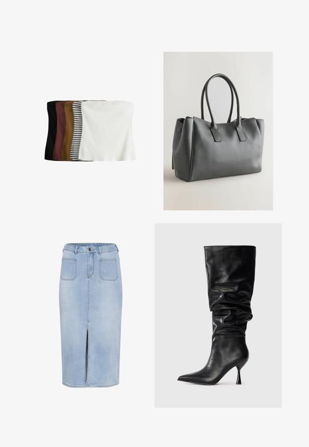 Set med fem crop tops: svart, mörkbrun, olivgrön, beige med vita ränder och vit. Tillverkade av ribbat tyg, sömlös design, stretchig passform.; Ljusblå denim midi-skjorta med en frontslits, fem fickor, och en åtsittande midja med bältesömmar och knappstängning.; Svart läderknähöga stövlar med en slouchy design, spetsig tå och en tunn stilettklack, med en jämn yta och minimala accent.; Grå läderhandväska med dubbla handtag, rektangulär form, slät yta och minimalistisk design. Har platta sidopaneler och subtil sömnad.