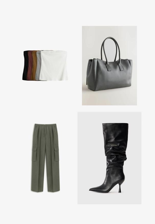 Set van vijf crop tops: zwart, donkerbruin, olijfgroen, beige met witte strepen, en wit. Gemaakt van ribbelstof, naadloos ontwerp, rekbaar pasvorm.; Groene cargobroek met een rechte pasvorm, voorzien van twee grote zijzakken en een gestructureerde stof. Plissé-details aan de voorkant verbeteren de structuur.; Zwarte leren kniehoog laars met een slouchy ontwerp, spitse neus en een dunne stilettohak, met een gladde textuur en minimale accenten.; Grijze leren handtas met dubbele handvatten, rechthoekige vorm, gladde textuur en minimalistisch ontwerp. Beschikt over platte zijpanelen en subtiele stiksels.