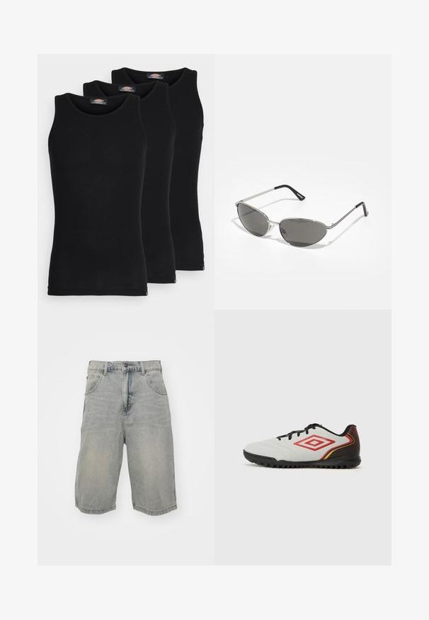Mustad mustasid maikat, pakis kolm tükki. Ribidega tekstuur, standardne ümardatud kaelus, ilma varrukateta. Hemil on all väike brändi logo.; Hele sinine denimpüksid, millel on mugav lõige, viis taskut, vöökohad ja kulunud tekstuur. Ümber õmmeldud lõhe.; Valge spordijalanõud tekstureeritud pealsega, millel on punased ja kollased aktsendid. Soft on must ja sellel on tõstetud haardemustrid.; Prillispid prillid, millel on peen hõbedane metallraam, hallid toonitud läätsed ja aerodünaamiline disain, millel on teravad servad ja õhukesed varred.