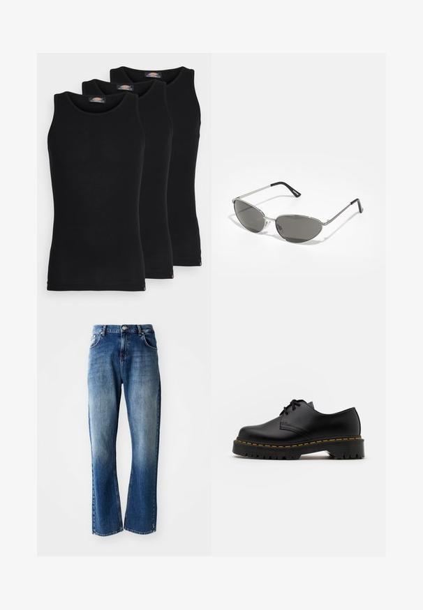 Fekete ujjatlan trikók három darabos kiszerelésben. Bordás textúra, klasszikus kerek nyakkivágás. Az alján kis márkajelzés található.; Feszes fazonú farmernadrág, világoskék és sötétkék mosással, kopásokkal, öt zsebbel és gombos záródással.; Fekete bőr, fűzős cipő lekerekített orral, texturált gumitalppal és sárga varrással az alján. Lapos design és sima felület.; Sötétített lencsékkel rendelkező napszemüveg, elegáns, ezüst színű fém vázzal, aerodinamikus kialakítással, hegyes szélekkel és vékony szárakkal.; Ezüst tónusú fém nyaklánc, csavarodott lánc dizájnnal és egy kör alakú, fényes felületű medállal.