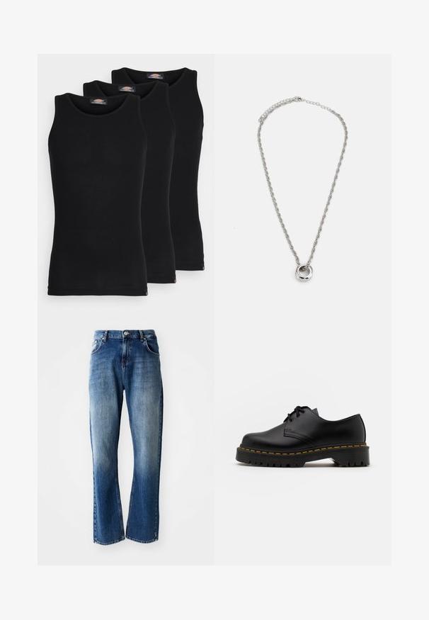 Crne majice na naramenice u pakiranju od tri komada. Rebrasta tekstura, standardni okrugli izrez, bez rukava. Rub sadrži mali logo brenda na dnu.; Traperice s ravnim nogavicama, svijetloplava i tamnoplava pranje s izbljeđenjima, pet džepova i kopčanje na dugme.; Crne kožne cipele sa vezanjem, okruglog vrha, sa teksturiranom gumom potplatom i žutim šavom oko baze. Ravni dizajn i glatka završna obrada.; Ogrlica od srebrnog tona sa spiralnom dizajnom lanca i okruglim privjeskom s poliranim završetkom.