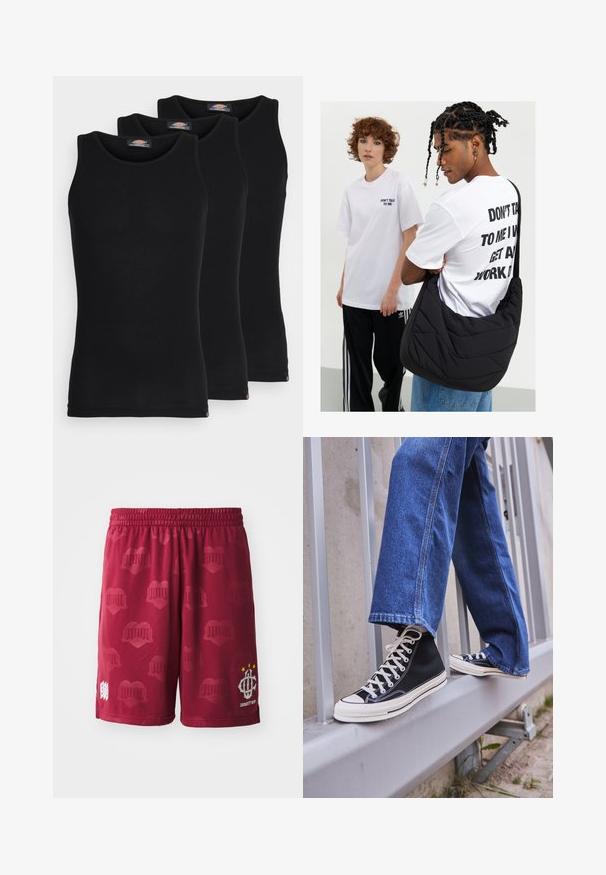 Crne majice na naramenice u pakiranju od tri komada. Rebrasta tekstura, standardni okrugli izrez, bez rukava. Rub sadrži mali logo brenda na dnu.; Bordeaux sportske kratke hlače s elastičnim pojasom, sa suptilnim uzorkom srca i bijelim logotipom s tri zvijezde na jednoj nozi.; Crne visoke tenisice s bijelim potplatom i vezicama, u kombinaciji s širokim plavim trapericama, naslonjene na sivi ogradu.; Crna jastučićasta torba preko ramena sa mekom teksturom, koju nosi osoba u bijelom grafičkom majici s podebljanim natpisom. Ležerna kombinacija s trapericama.