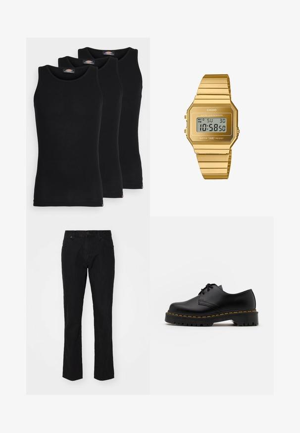 Mustad mustasid maikat, pakis kolm tükki. Ribidega tekstuur, standardne ümardatud kaelus, ilma varrukateta. Hemil on all väike brändi logo.; Musthärg denim püksid sirge jala disainiga, klassikaline viie-tasku stiil ja nupuga sulgemine vööl. Sile tekstuur, minimaalne detailide arv.; Must musta lesti kingad ümarate varvastega, tekstureeritud kummitald ja kollane õmblus aluse ääres. Lame disain ja sile viimistlus.; Casio digitaalne kell kaheksanurkse kuldtooni roostevabast terasest korpuse ja käevõruga, millel on LCD-ekraan, alarm ja veekindlus.
