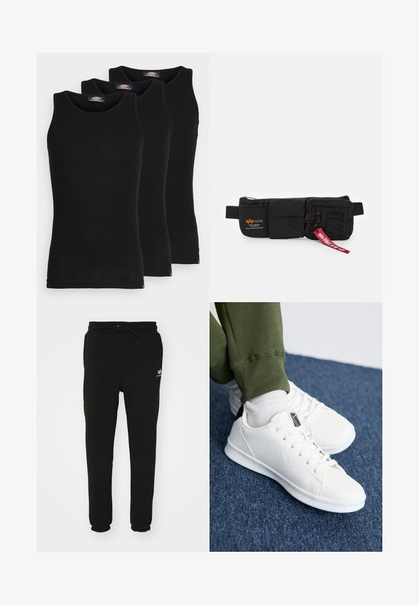 Schwarze Tanktops im Dreierpack. Gerippte Textur, klassischer Rundhalsausschnitt, ohne Ärmel. Der Saum hat am unteren Ende ein kleines Markenlogo.; Schwarze Sweatpants aus weichem Stoff, mit einem elastischen Bund und einem Kordelzug sowie gerippten Bündchen. Ein kleines weißes Logo ist sichtbar.; Weiße Sneakers aus glattem Synthetikmaterial, mit perforierten Designelementen, schwarzem Fersenlasche und flacher weißer Gummisohle.; Schwarze Nylon-Gürteltasche mit mehreren Reißverschlusstaschen, verstellbarem Riemen und einem roten Stoffetikett mit Text. Kompaktes und funktionales Design.