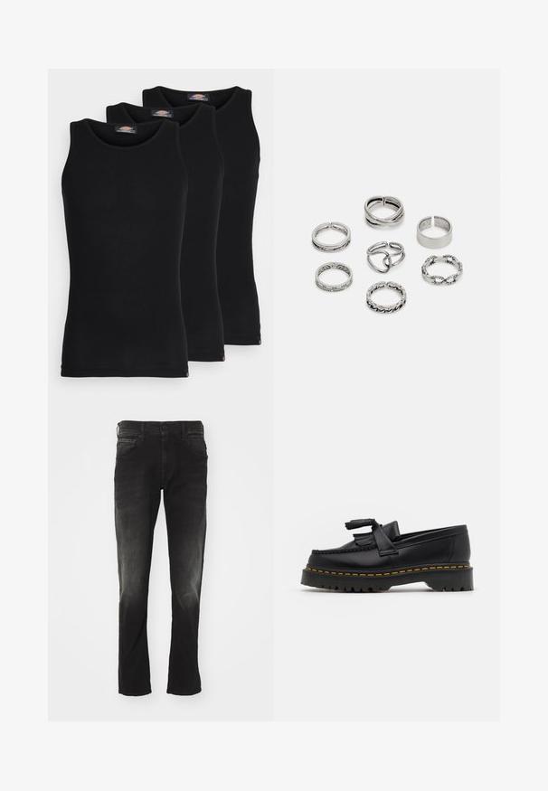 Melni bezpiedkakla topi trīs komplektā. Ribota tekstūra, standarta apaļā izgriezumā, bez piedurknēm. Apakšmalā ir neliela zīmola logo.; Melni denim džinsi ar izbalējušu apdari, piecām kabatām, taisnas kājas dizainu un klasisku pogu un rāvējslēdzēju aizdari.; Melnas ādas mokasīni ar pērlītēm uzsvaru, ar masīvu melnu zoli un dzeltenu šuvumu gar malu. Ar teksturētu apdari.; Septi sudraba gredzeni ar dažādām dizaina iezīmēm, ieskaitot savītas, savienotas un iegravētas formas. Atšķirīgas formas un platumi.