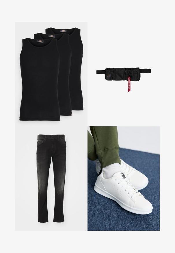 Fekete ujjatlan trikók három darabos kiszerelésben. Bordás textúra, klasszikus kerek nyakkivágás. Az alján kis márkajelzés található.; Fekete farmernadrág, elhasználódott mosással, öt zsebbel, egyenes szabással, klasszikus gombos és cipzáros záródással.; Fehér tornacipők sima szintetikus anyagból, perforált díszítéssel, fekete sarkú táblával és lapos fehér gumitalppal.; Fekete nylon deréktáska több cipzáras zsebbel és állítható pánttal. Jellemzője egy piros címke "ALPHA" és "ARRIVE BEFORE FLIGHT" felirattal.